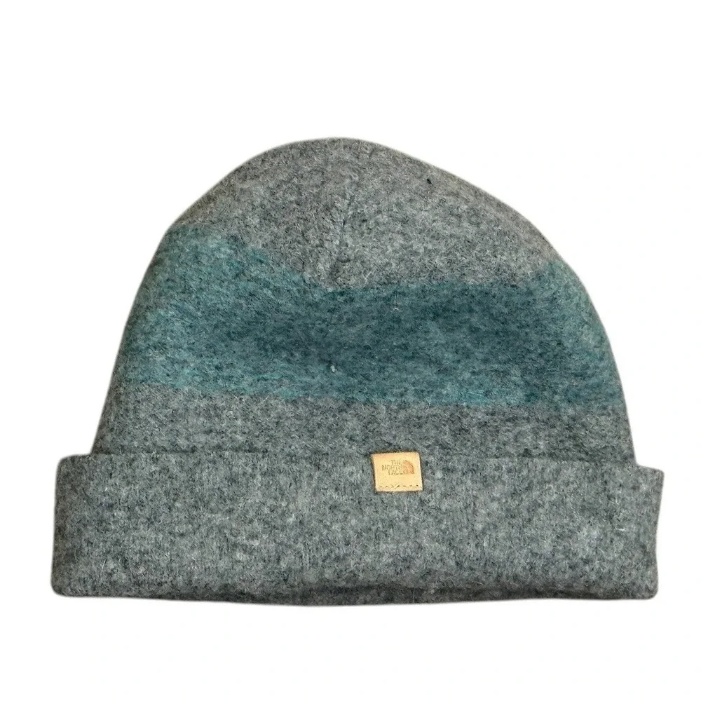 The North Face Wool Beanie Hat Gray Teal Stripe Unisex Ski Snowboard Outdoor Cap